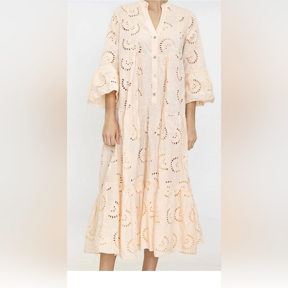 Elegant Eyelet Women Dress COLOR- Apricot 100% Cotton 3/4 Sleeve Cottonways